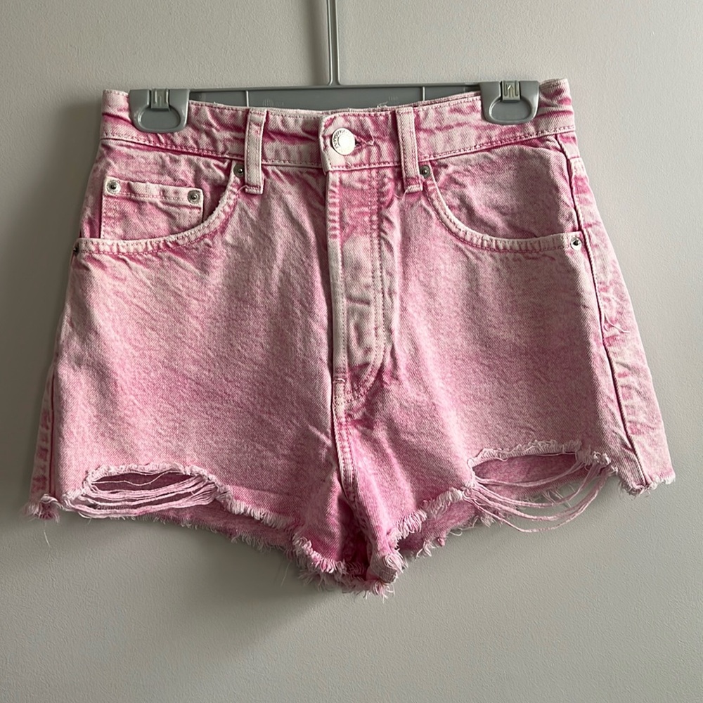 Zara pink acid washed denim shorts